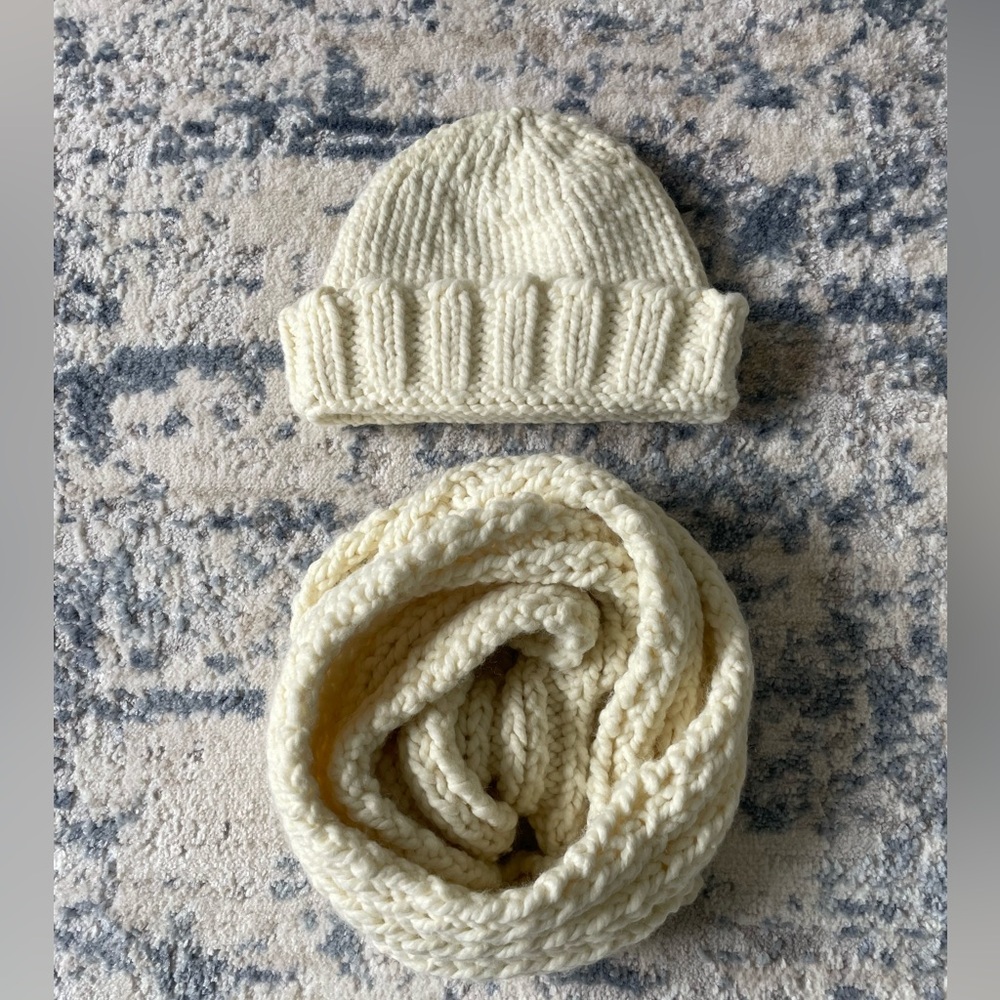 Cozy Hand Knit Cream Hat and Scarf Set